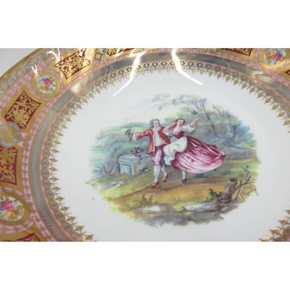 Rare LIMOGES Pedestal FOOTED Bowl Gilded Accents Romantic Scene VTG -  Repaired - Picture 3 of 11